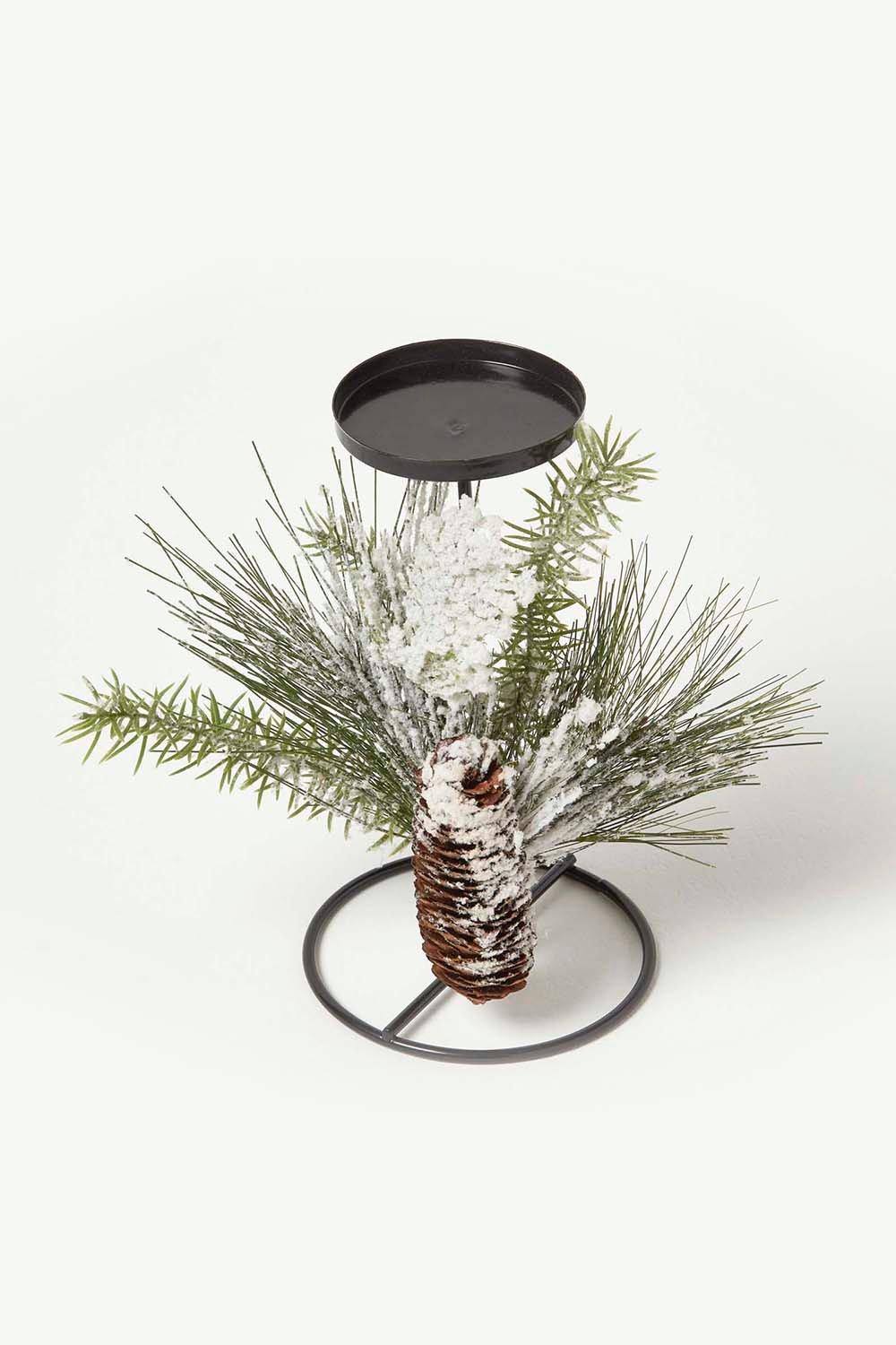 Homescapes Frosted Artificial Pine Branch Christmas Candle Holder In Green