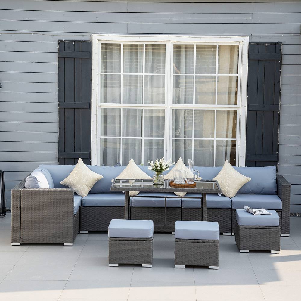 Outsunny Pieces Rattan Sofa Set Outdoor Wicker Furniture With Table Stools Cushions In Grey