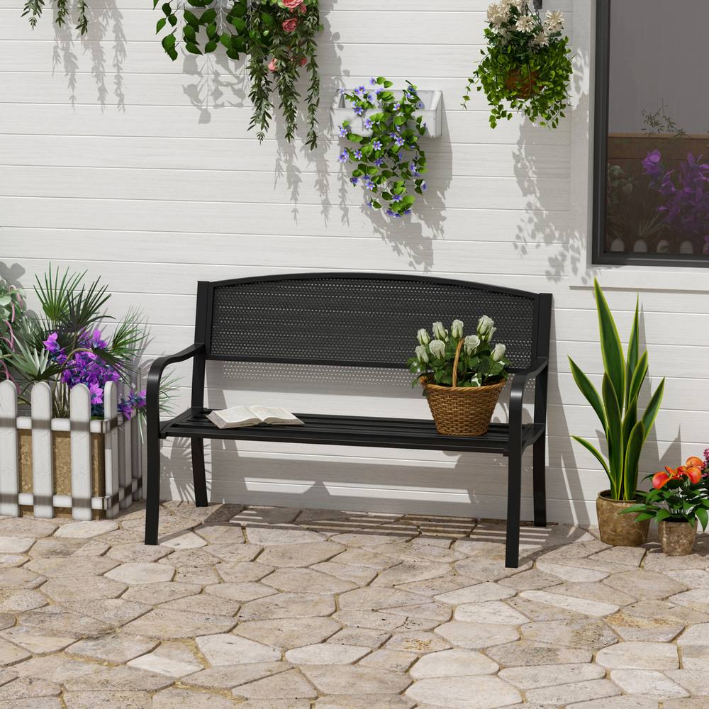 Outsunny Seater Metal Bench Patio Park Loveseat Garden Chair Outdoor Seating In Black