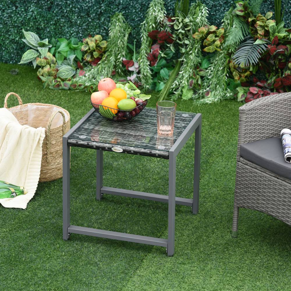 Outsunny Rattan End Table Side Coffee Desk W Adjustable Foot Pads For Patio Garden In Grey