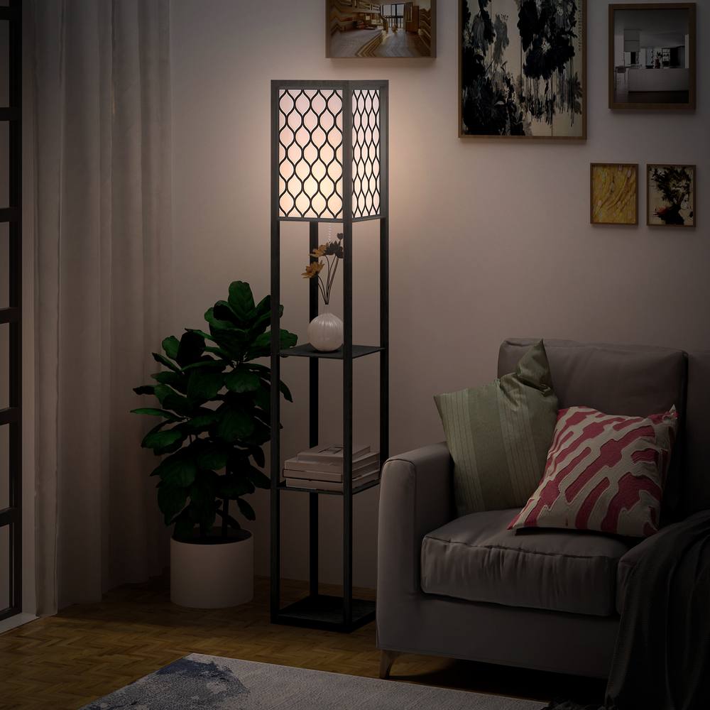 Homcom Modern Floor Lamp Light With Shelves Fabric Lampshade Black