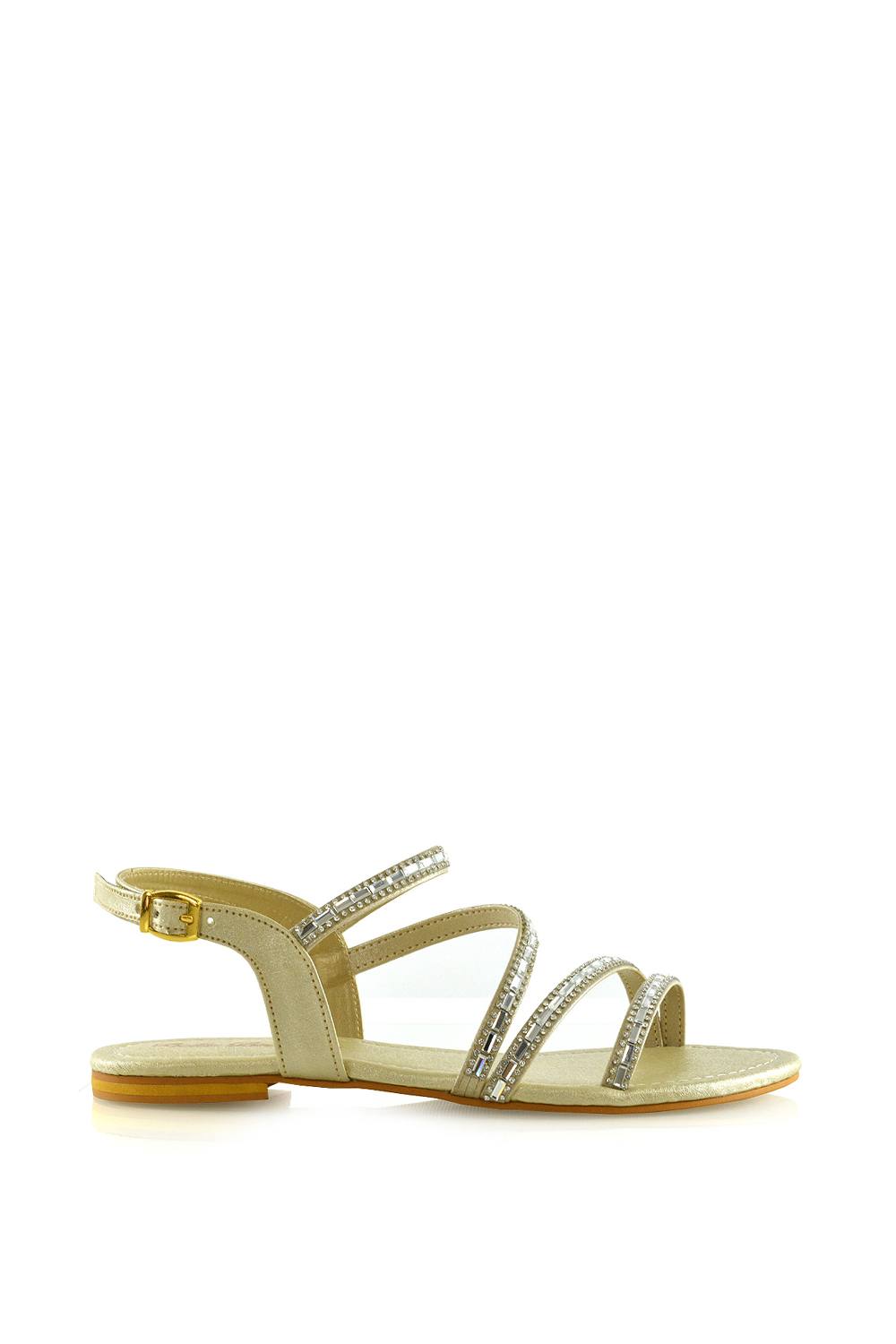 Xy London 'mercedes' Strappy Mirror Diamante Flat Sandals In Gold