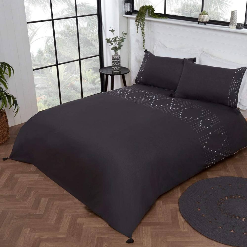 Smart Living Luxury Hotel Quality Boho Embroidered Tassels Duvet Cover With Pillowcases In Charcoal