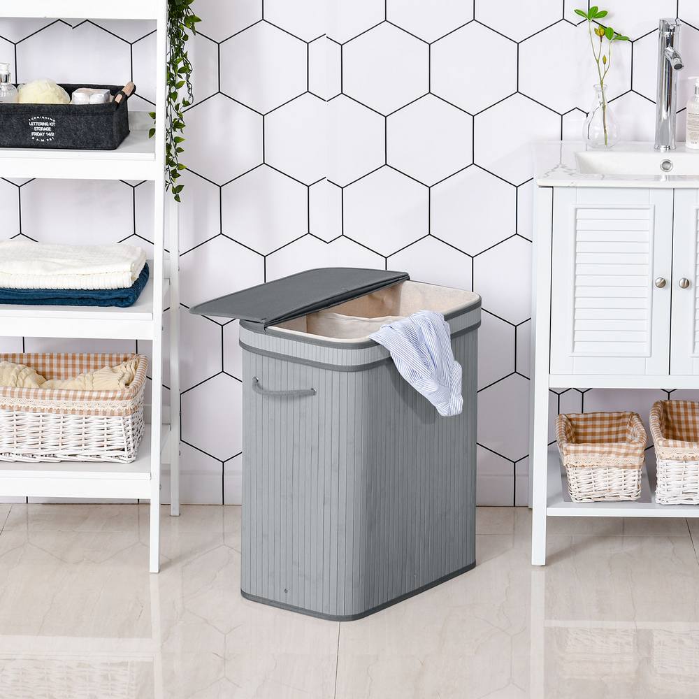 Homcom Wooden Laundry Basket Compartment Flip Lid Removable Lining Handles In Grey