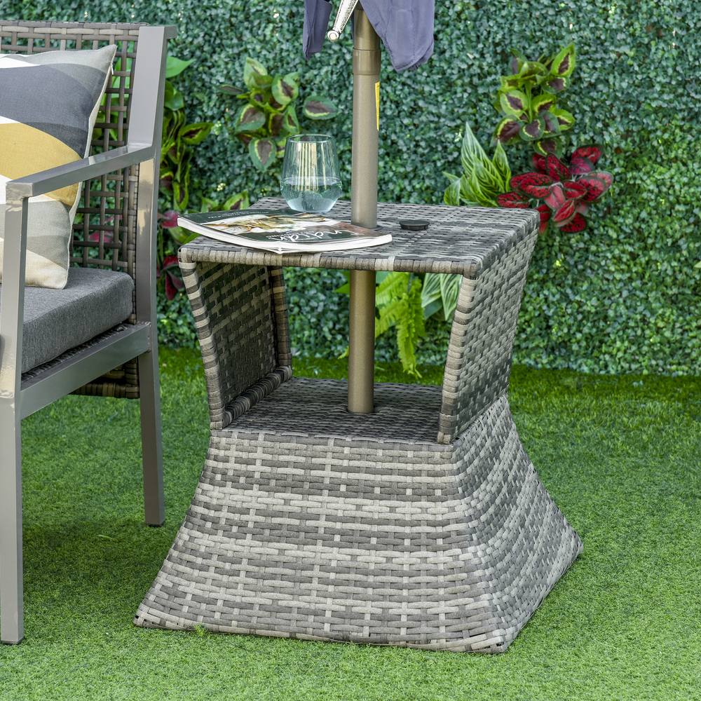 Outsunny Rattan Side Table Outdoor Tea Coffee Table W Umbrella Hole For Bistro Garden In Grey