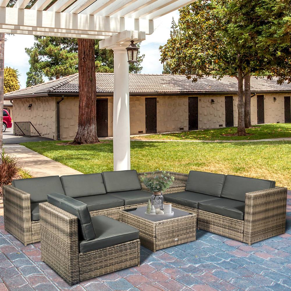 Outsunny Pcs Patio Rattan Sofa Set Garden Furniture Side Table W Cushion In Brown