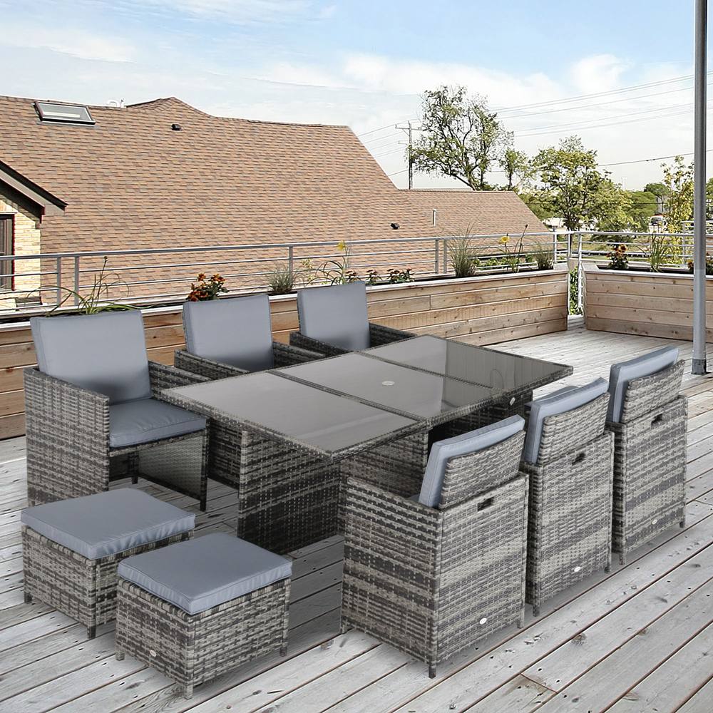 Outsunny Pc Garden Rattan Dining Set Cushion Patio Table Chair Conservatory In Grey