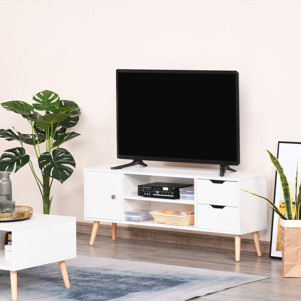 Homcom Modern Tv Stand Media Console Table Cabinet Storage Shelf Drawers In White