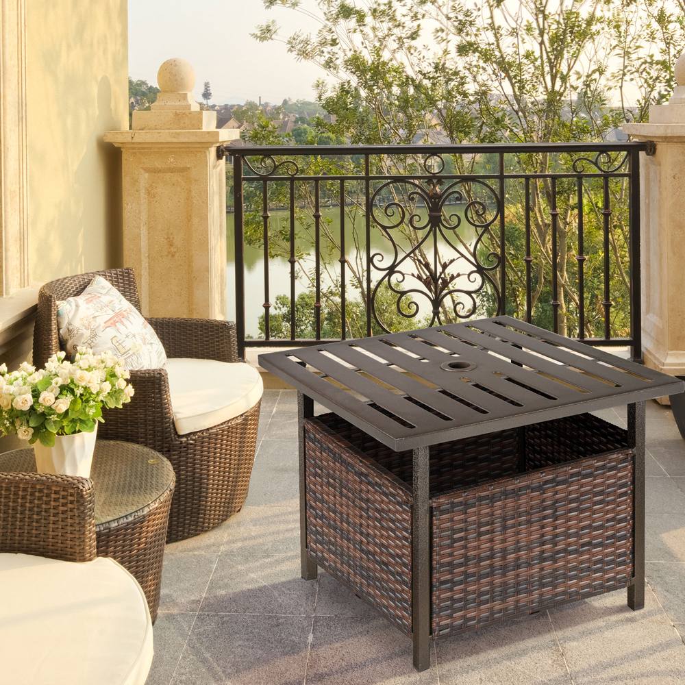 Outsunny Outdoor Rattan Wicker Coffee Table With Umbrella Hole Suitable For Garden Backyard In Brown