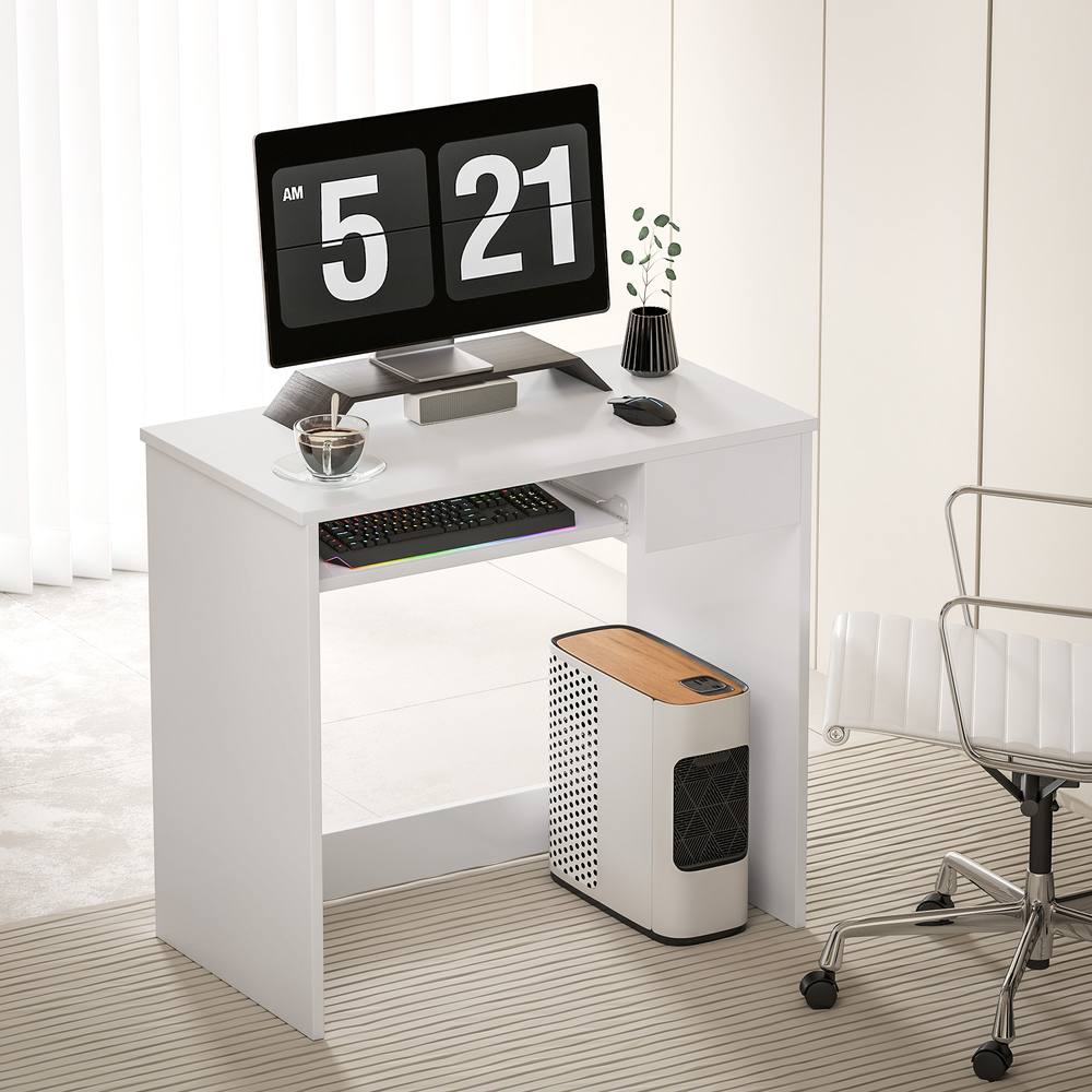 Homcom Compact Computer Table W Keyboard Tray Drawer Study Office Work In White