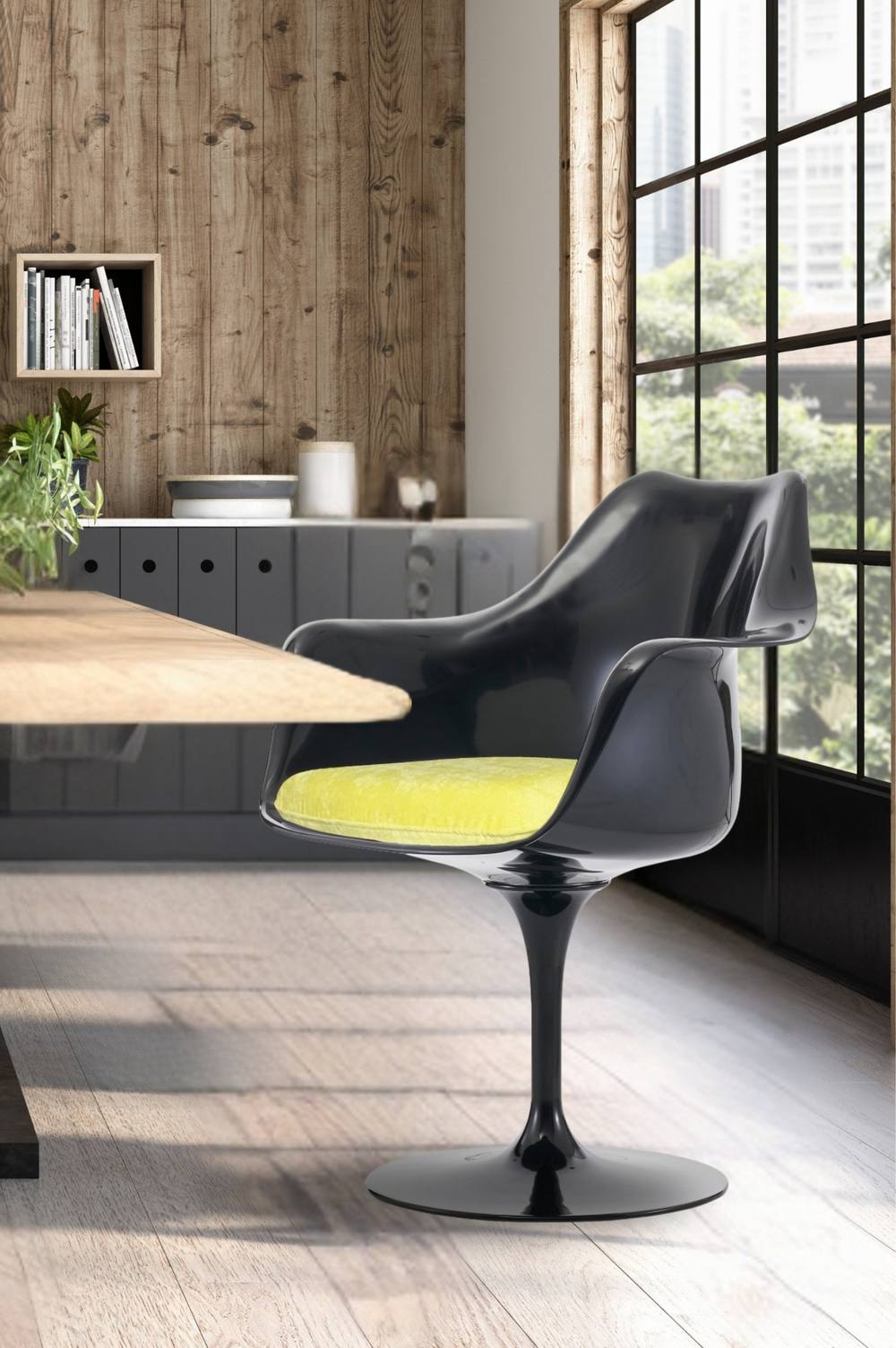 Fusion Living Black Tulip Armchair With Luxurious Cushion In Yellow