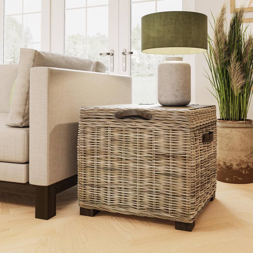 Fwstyle Kubu Rattan Lift Up Greywash Pine Storage Side Table Assembled In Brown