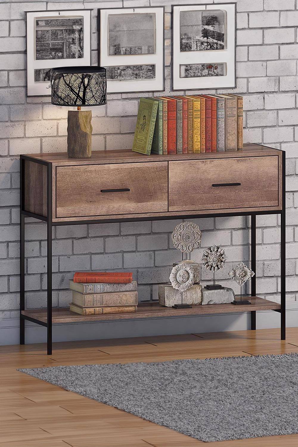 Fwstyle Industrial Inspired Drawer Modern Console Table In Brown