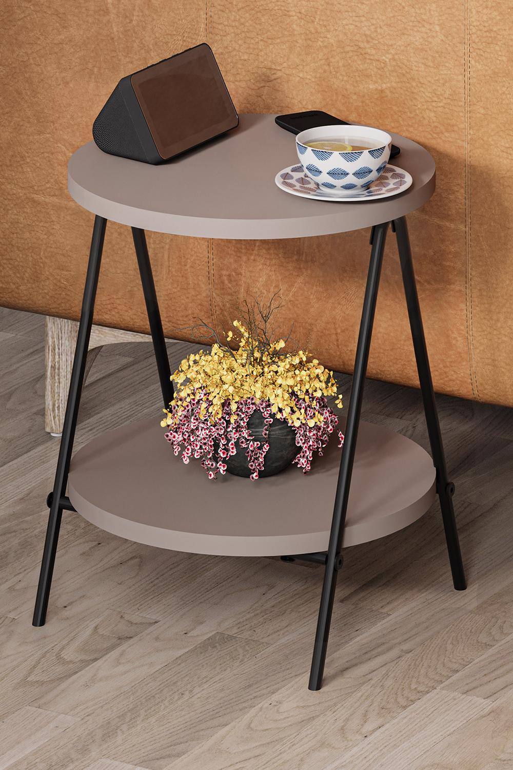 Fwstyle Scratch Resistant Tier Round Side Table Metal Frame Mocha Grey