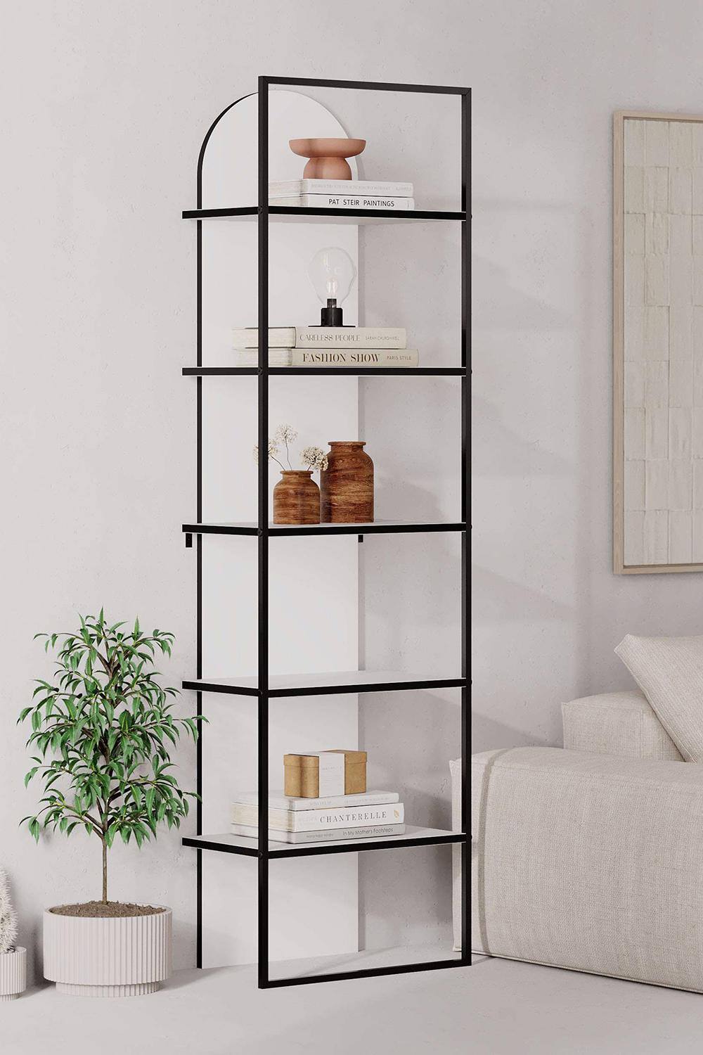 Fwstyle Tier Modern Bookcase Shelving Unit Painted White Black Metal Frame