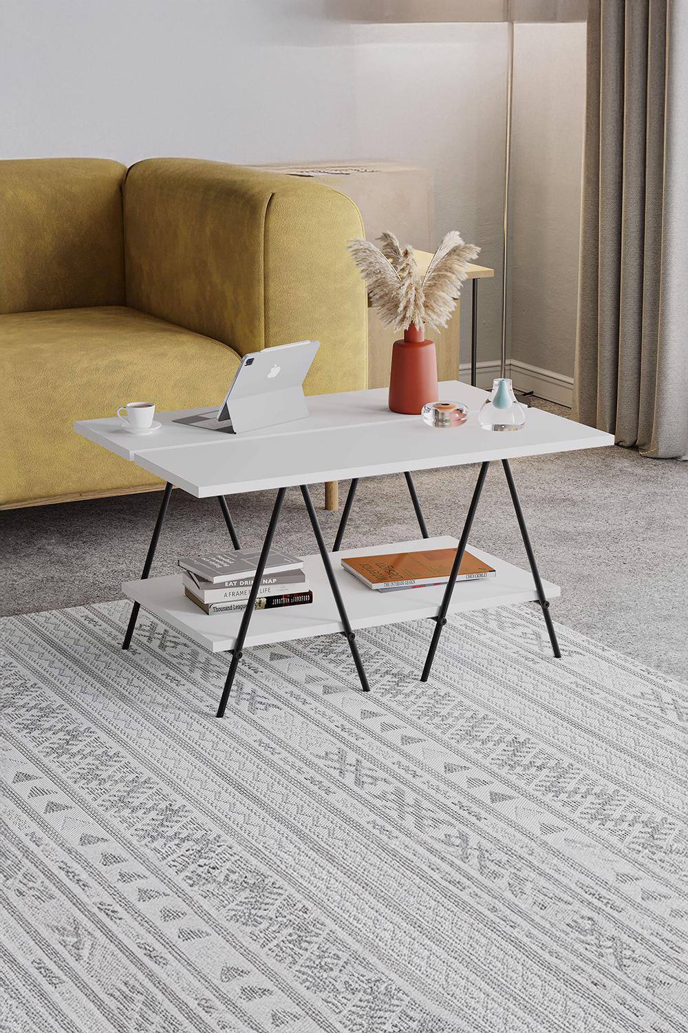 Fwstyle Tier Coffee Table Scratch Resistant Black Metal Frame Painted White