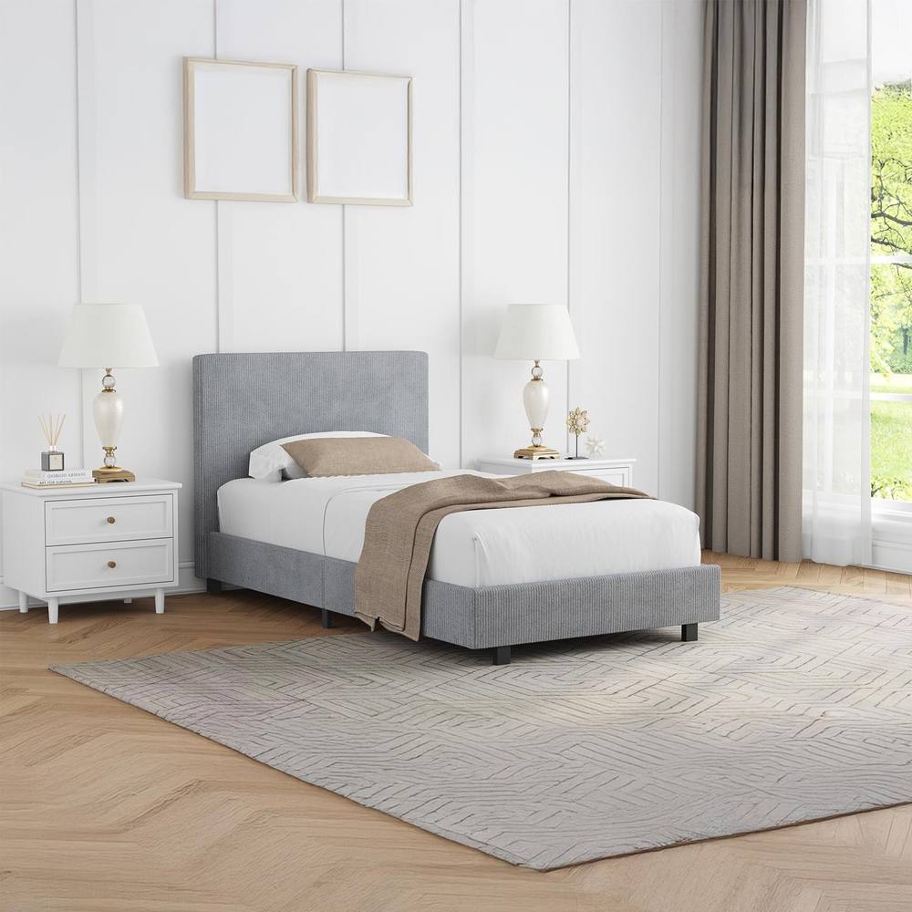 Fwstyle Single Grey Linen Ribbed Upholstered Fabric Bed Frame