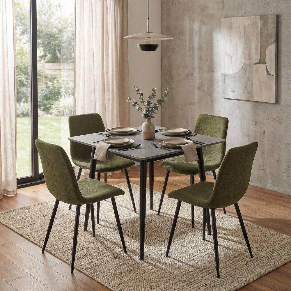 Fwstyle Piece Grey Marble Effect Square Dining Table & Green Chairs Set