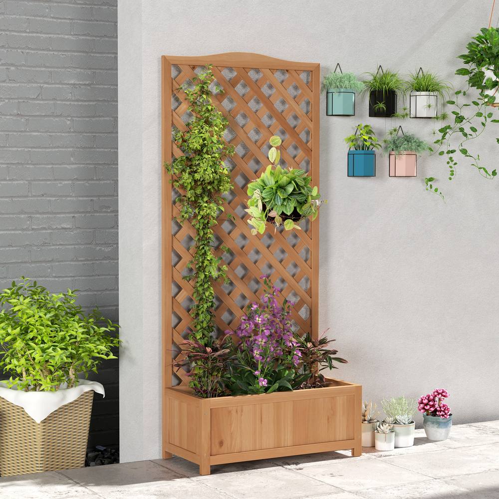 Outsunny Garden Wooden Planter Box With Trellis Flower Raised Bed Brown
