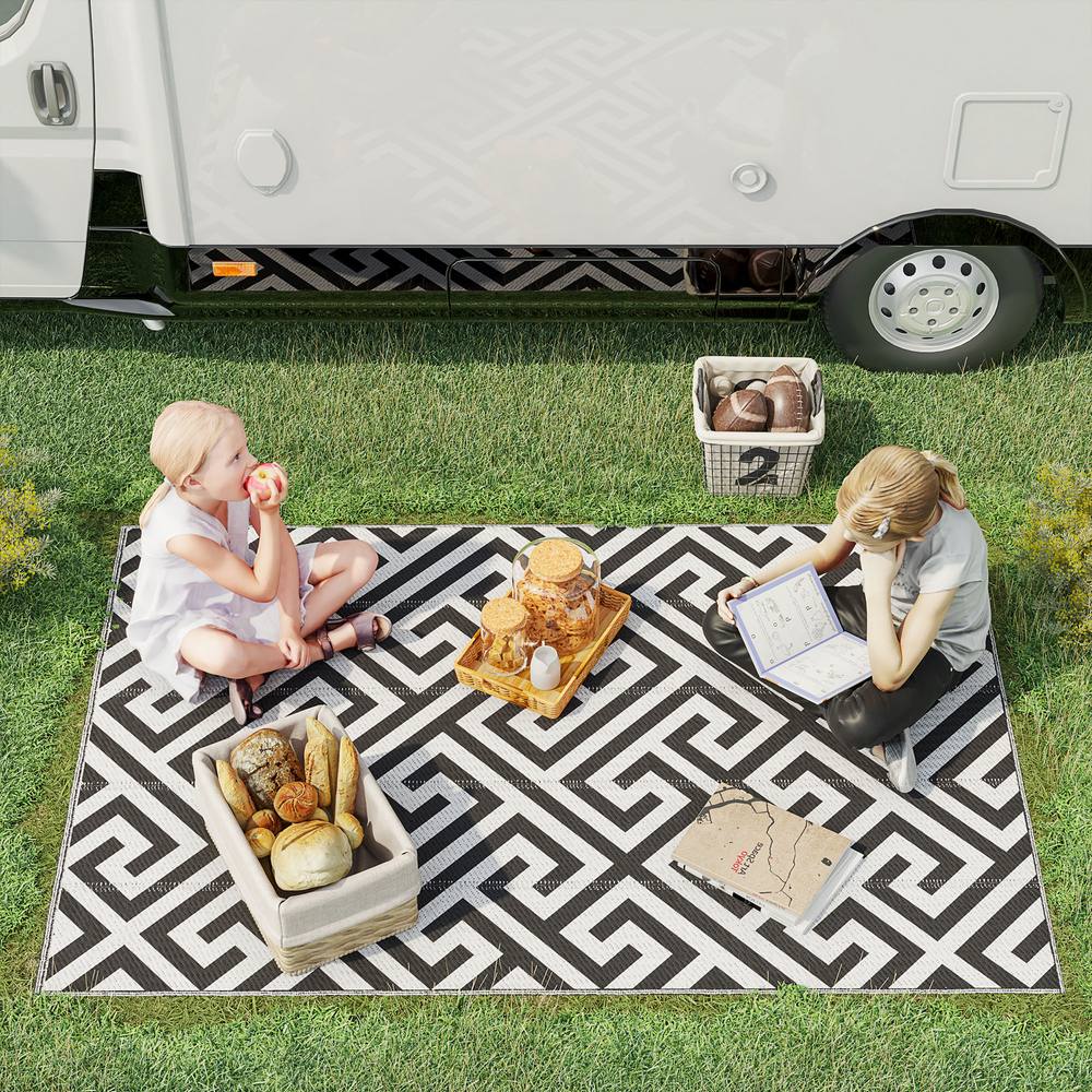 Outsunny Reversible Outdoor Rug Plastic Straw Rv Camping Mat For Garden Deck Picnic In Black