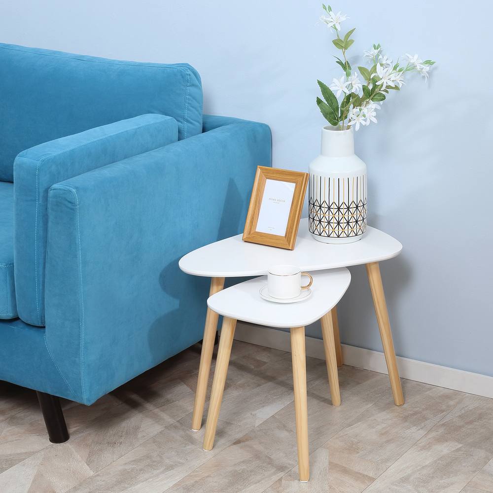 Homcom Side Table Set Of Nested Coffee Table With Solid Wood Legs In White
