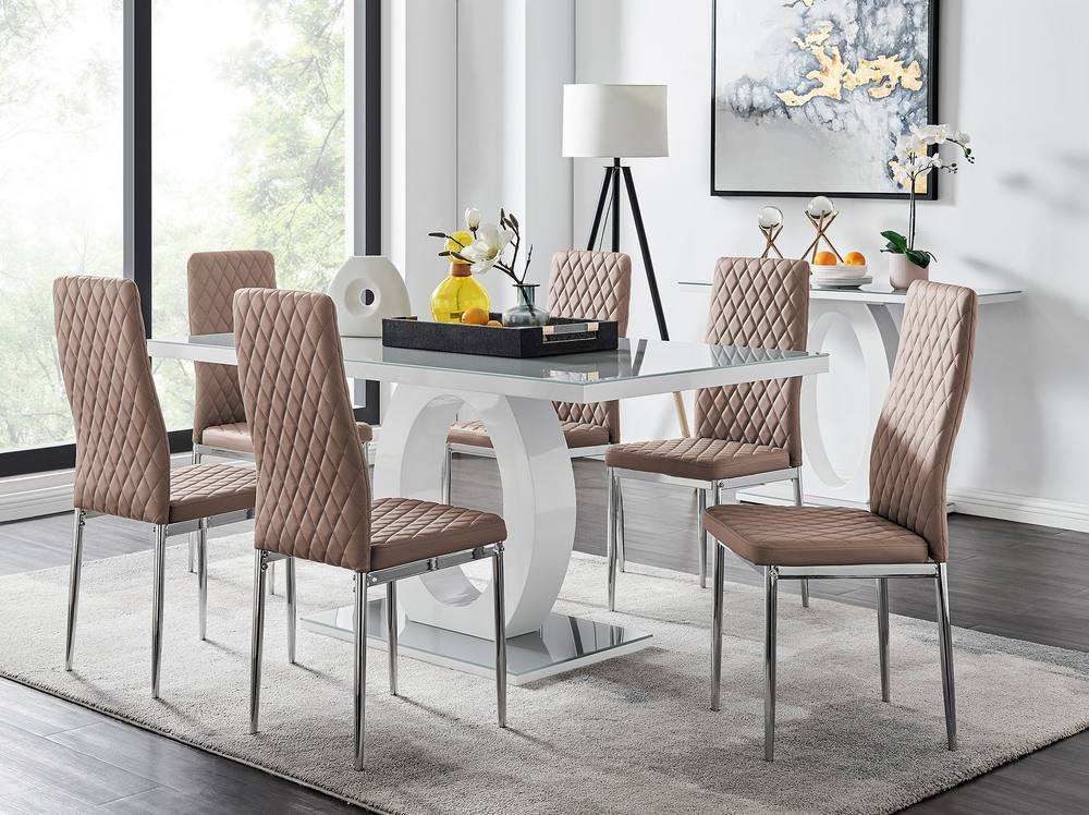 Furnitureboxuk Giovani -Seater Grey Glass Dining Table And Milan Faux Leather Dining Chairs In Beige