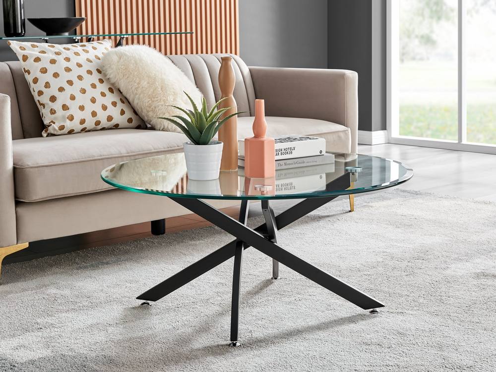 Furnitureboxuk Novara Round Glass Coffee Table With Angled Starburst Metal Legs For Modern Glam Minimalist Living Room In Black