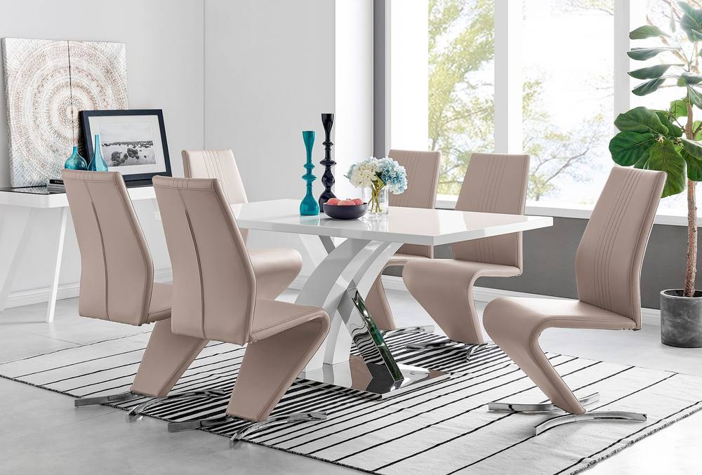 Furnitureboxuk Atlanta Modern Rectangle Chrome Metal High Gloss White Dining Table And Willow Chairs Set In Beige