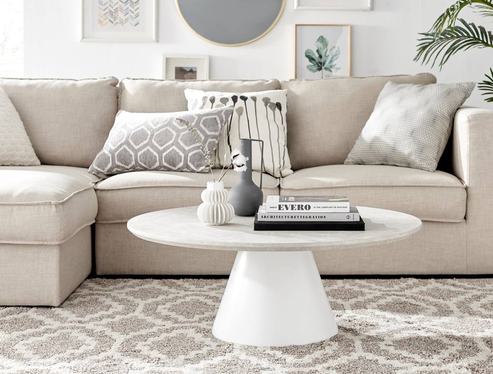 Furnitureboxuk Palma Round Coffee Table With Pedestal Pillar Base And Semi-Matte Or High Gloss Finish For Modern Minimalist Industrial Look In Beige