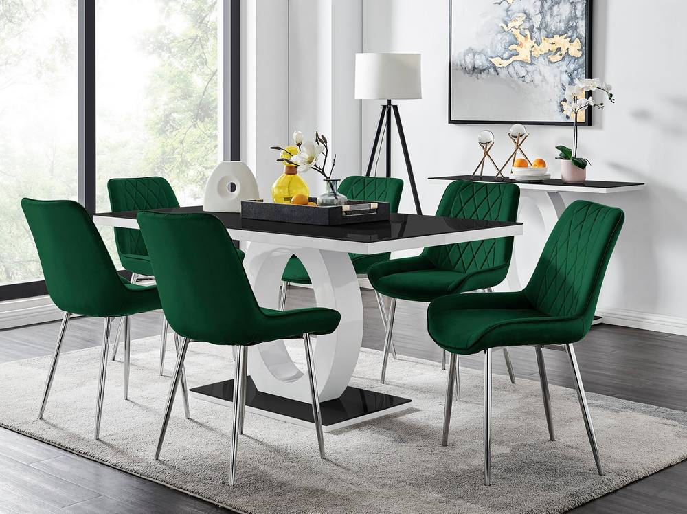Furnitureboxuk Giovani Rectangular Seat White High Gloss Unique Halo Base Dining Table Black Glass Top Soft Velvet Silver Leg Pesaro Chairs In Green