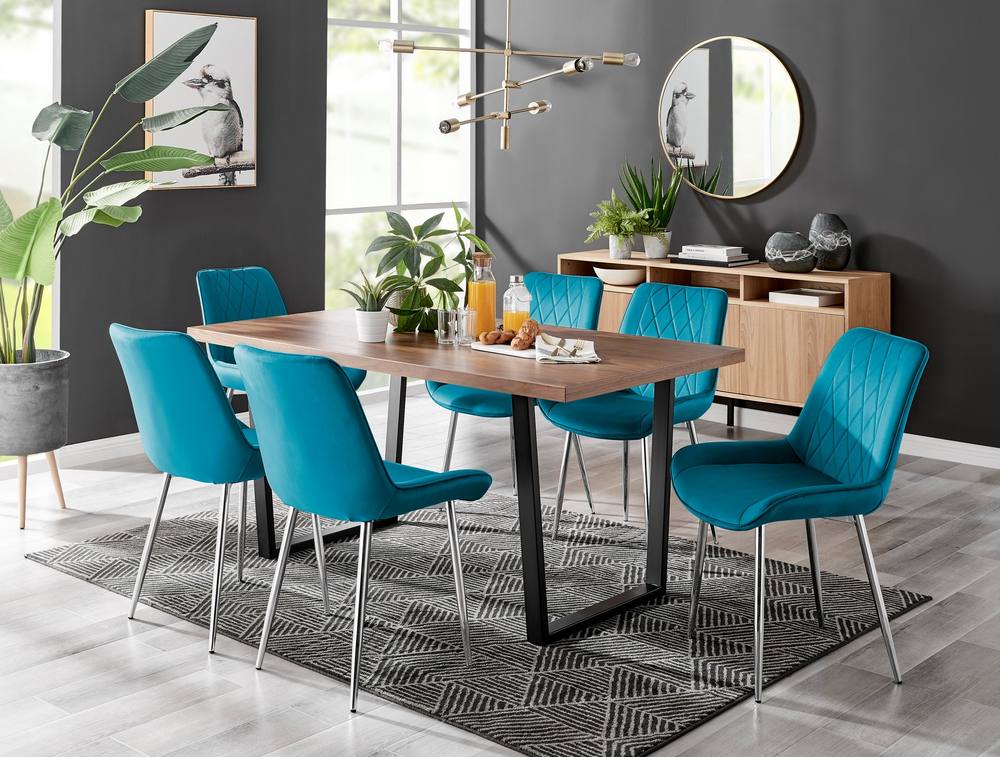 Furnitureboxuk Kylo Large Brown Wood Effect Dining Table & Pesaro Velvet Silver Leg Chairs In Blue