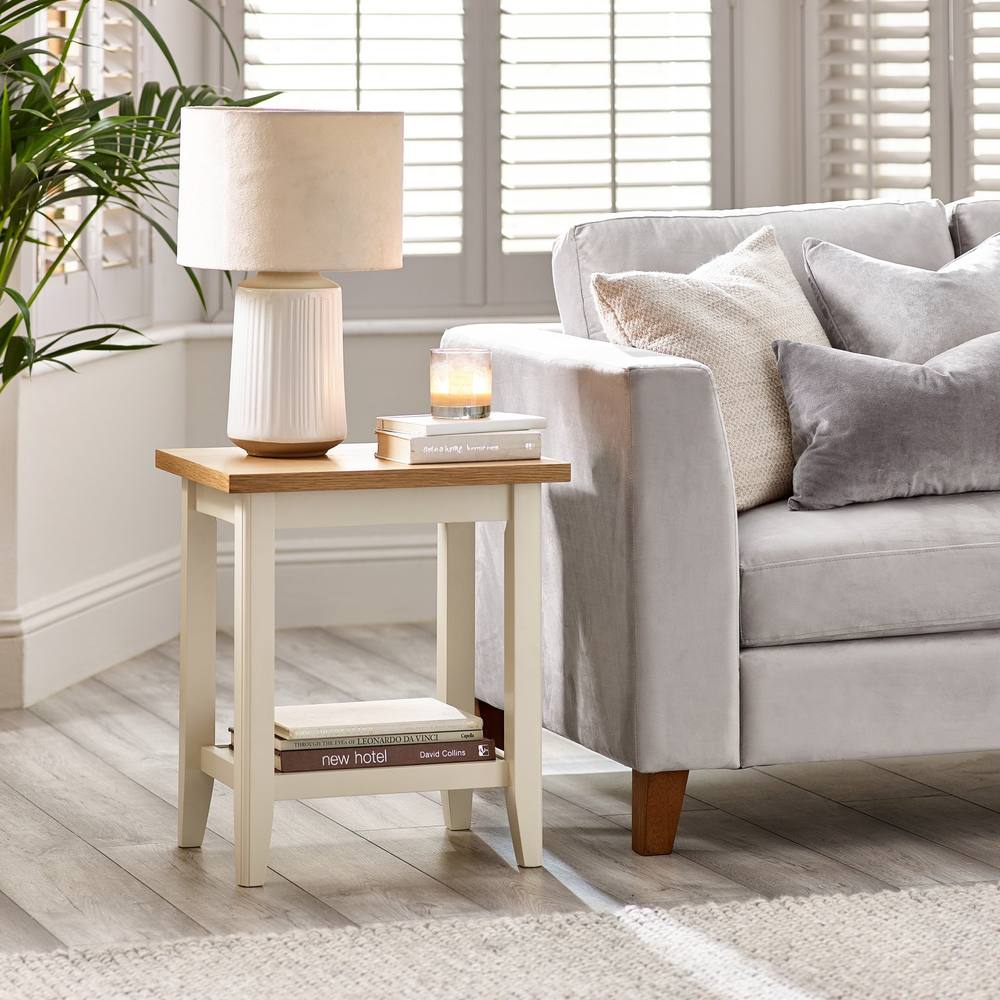 Furnitureboxuk Solid Wood Side Table End Table Bedside Table - Eden Square Wooden Table For Living Rooms Bedrooms - Pale Oak Stain Top Cream Legs - Modern Farmhouse Style Furniture - Solid Rubberwood In Light Oak