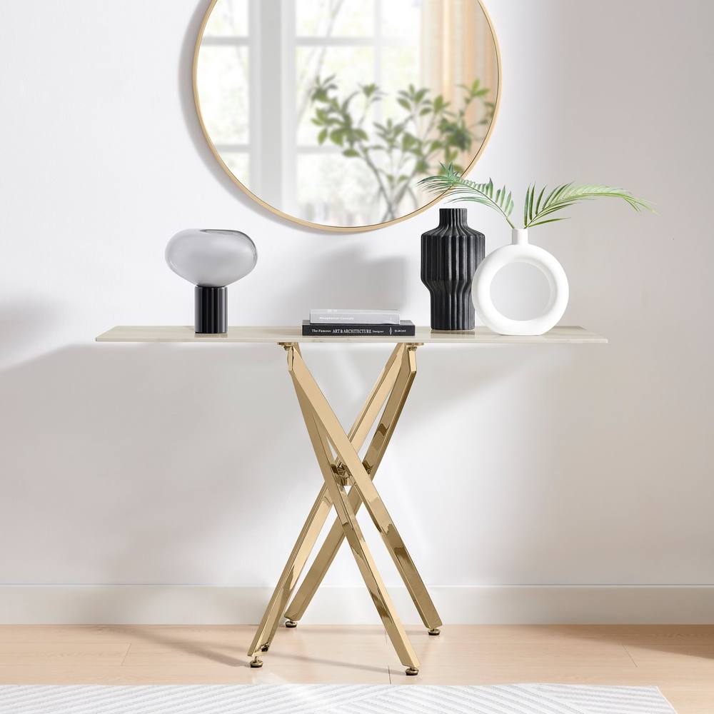 Furnitureboxuk Leonardo Rectangular Marble Effect Glass Top Console Table With Gold Metal Starburst Legs In White
