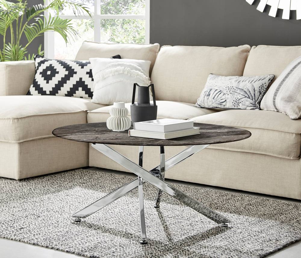 Furnitureboxuk Novara Round Marble Effect Glass Top Coffee Table With Silver Metal Starburst Legs In Grey