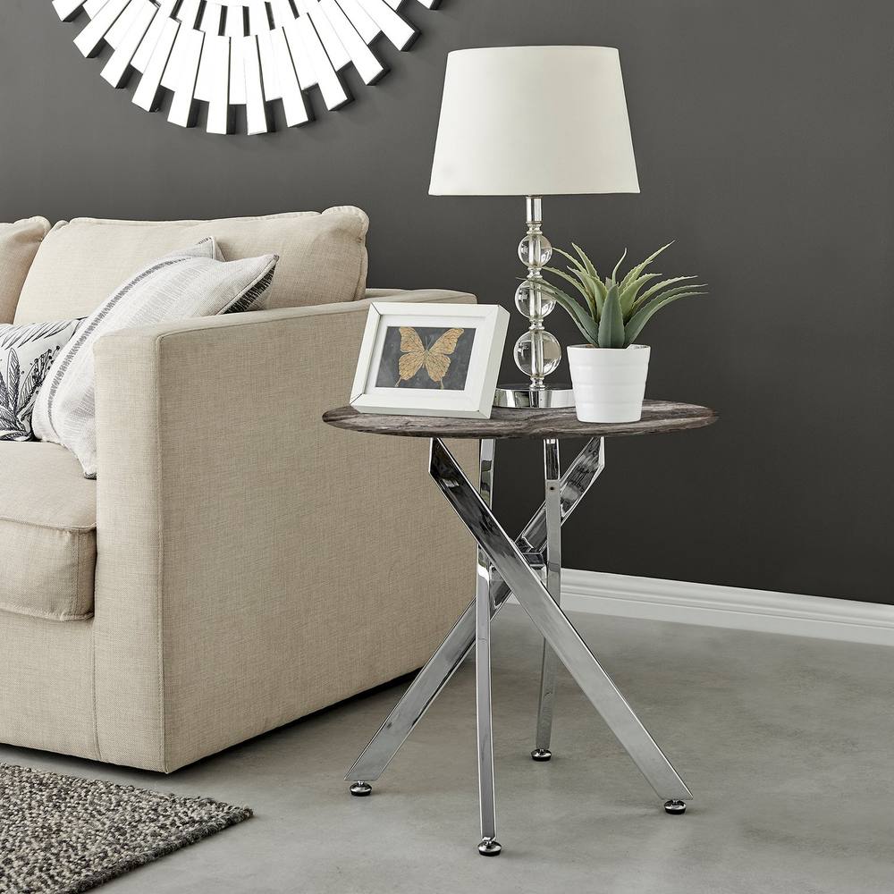 Furnitureboxuk Novara Round Marble Effect Glass Top Side Table With Silver Metal Starburst Legs In Grey