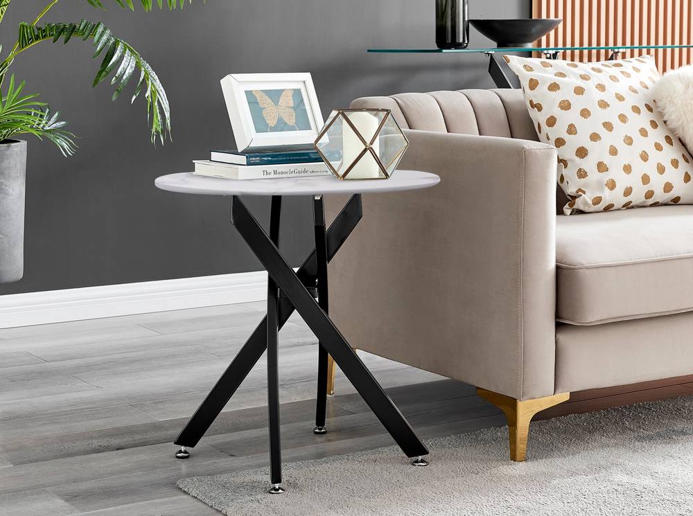 Furnitureboxuk Novara Round Marble Effect Glass Top Side Table With Black Metal Starburst Legs In White