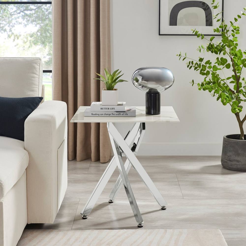Furnitureboxuk Leonardo Square Marble Effect Glass Top Side Table With Silver Metal Starburst Legs In White
