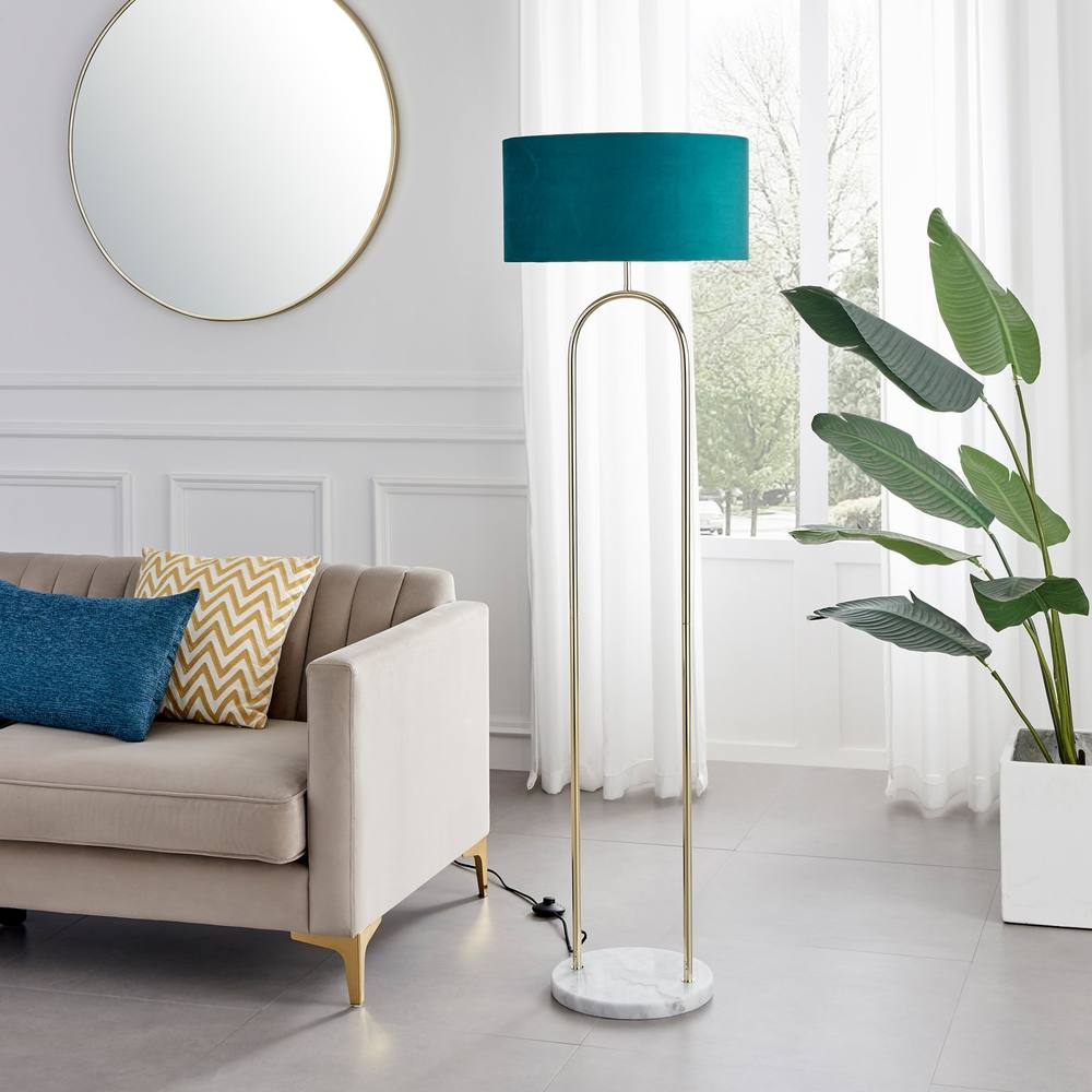 Furnitureboxuk Danielle Art Deco Floor Lamp In Brass Plate With Teal Velvet Shade And Marble Base In Gold