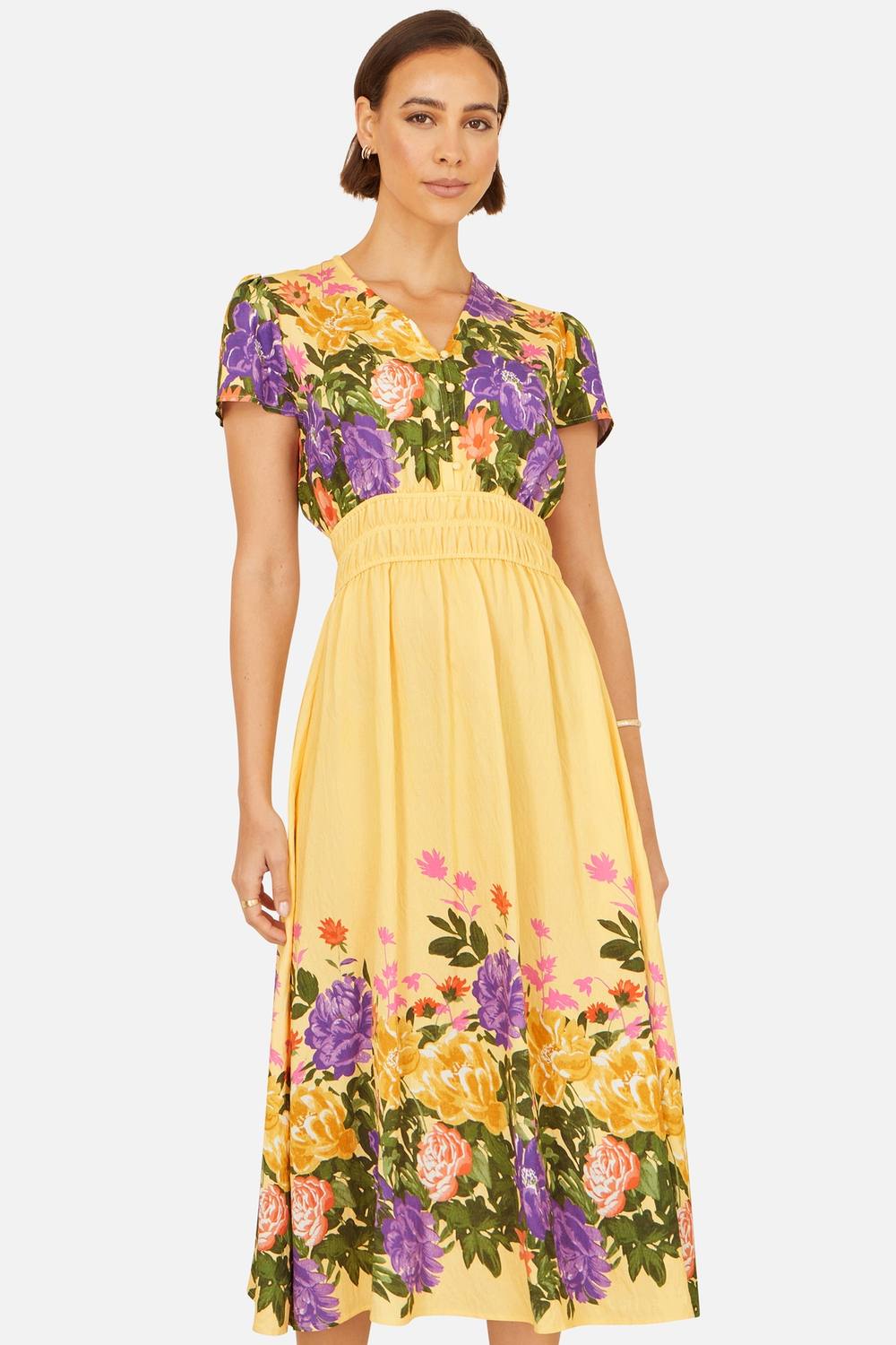 Yumi Floral Mirror Print Viscose Midi Dress In Bright Yellow