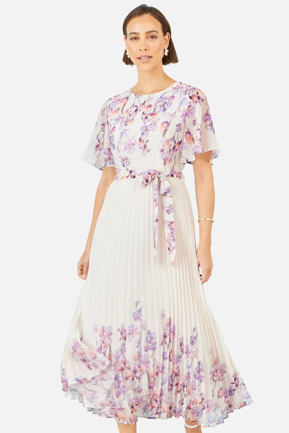 Yumi Ivory Floral Mirror Pleated Midi Dress In Lavender