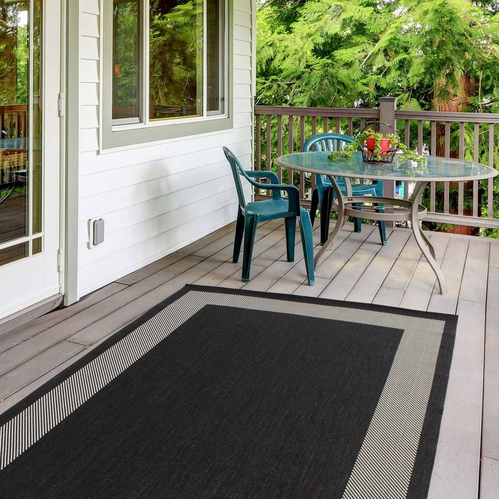 The Rugs Outdoor Indoor Bordered Garden Patio Rug Weather Resistant In Black