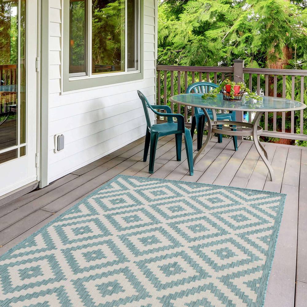 The Rugs Outdoor Indoor Diamond Garden Patio Rug Weather Resistant Jet Washable In Aqua