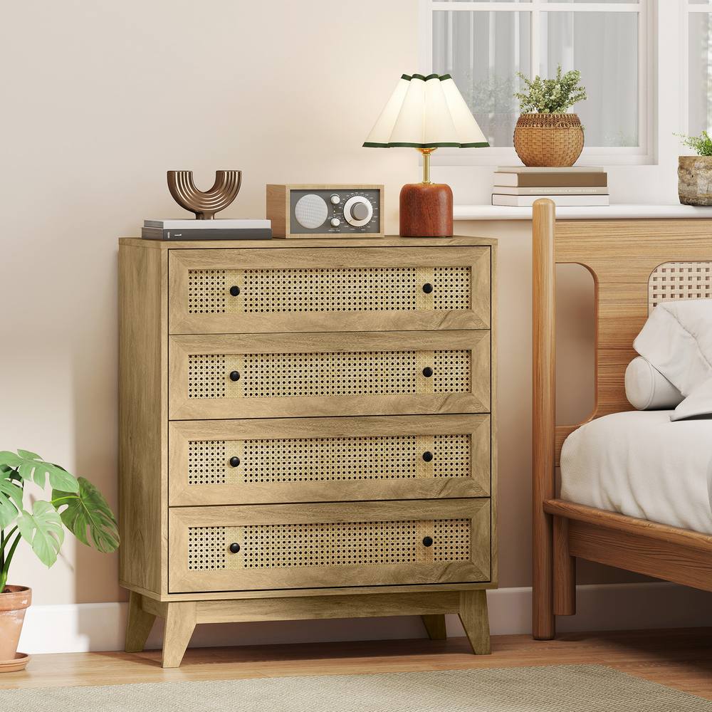 Homcom Chest Of Drawers, Drawer Unit Storage Organiser With Rattan Element In Light Brown