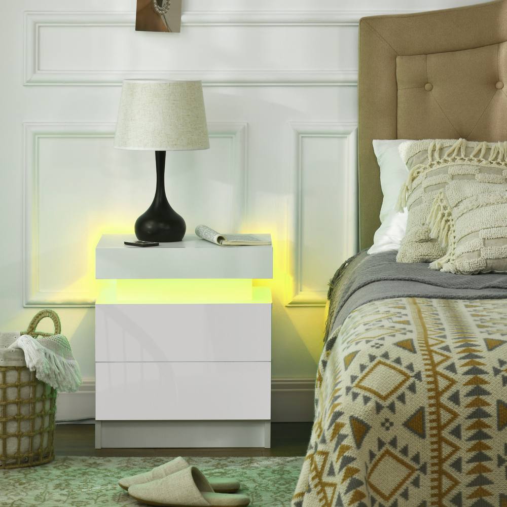 Homcom High Gloss Bedside Table With Led Light And Drawers In White