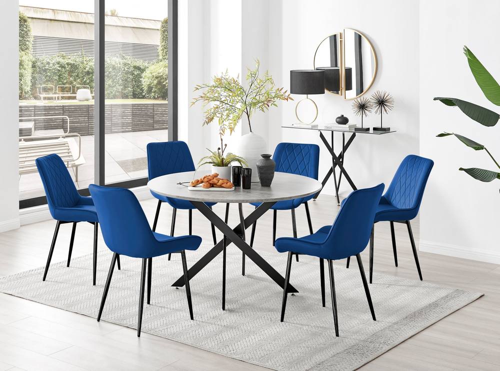 Furnitureboxuk Novara Grey Concrete Effect Black Leg Cm Round Dining Table & Pesaro Black Leg Chairs In Navy