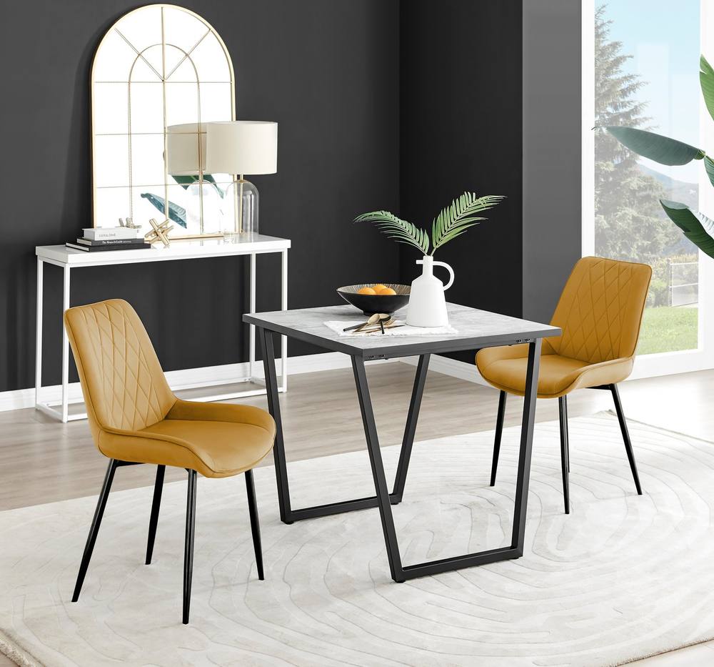 Furnitureboxuk Carson White Marble Effect Square Dining Table & Velvet Pesaro Black Leg Chairs In Mustard