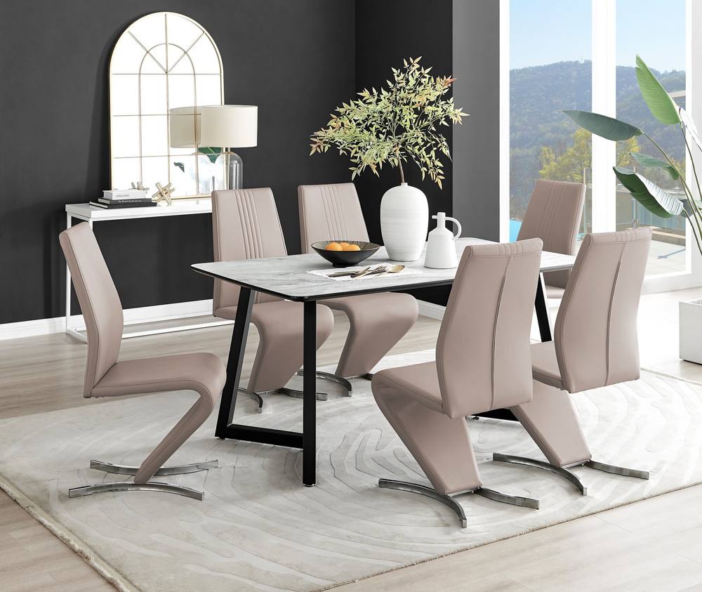 Furnitureboxuk Carson White Marble Effect Dining Table & Willow Chairs In Beige