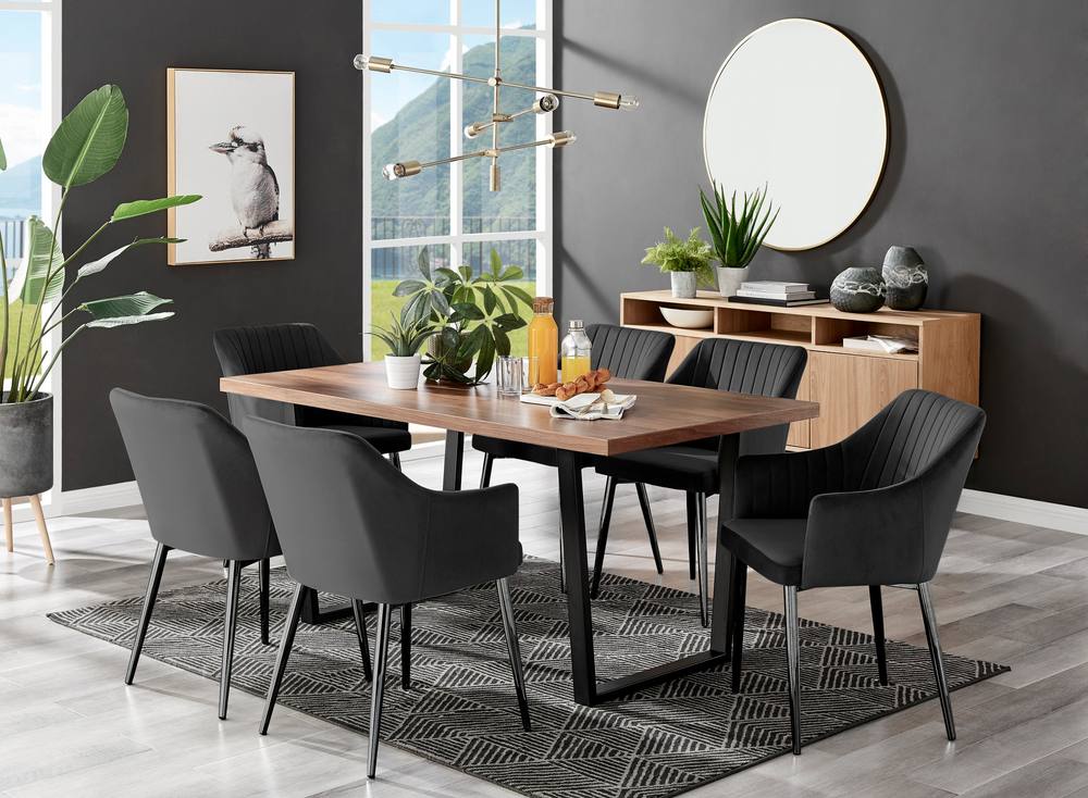 Furnitureboxuk Kylo Large Brown Wood Effect Dining Table & Calla Black Leg Velvet Chairs