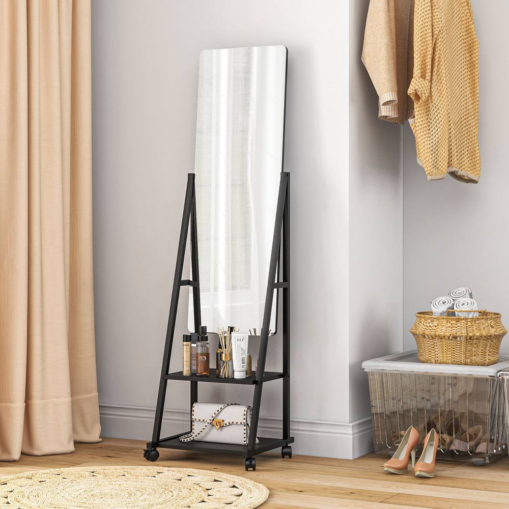 Homcom Movable Full Length Mirror Adjustable Full Body Mirror With Shelves In Black