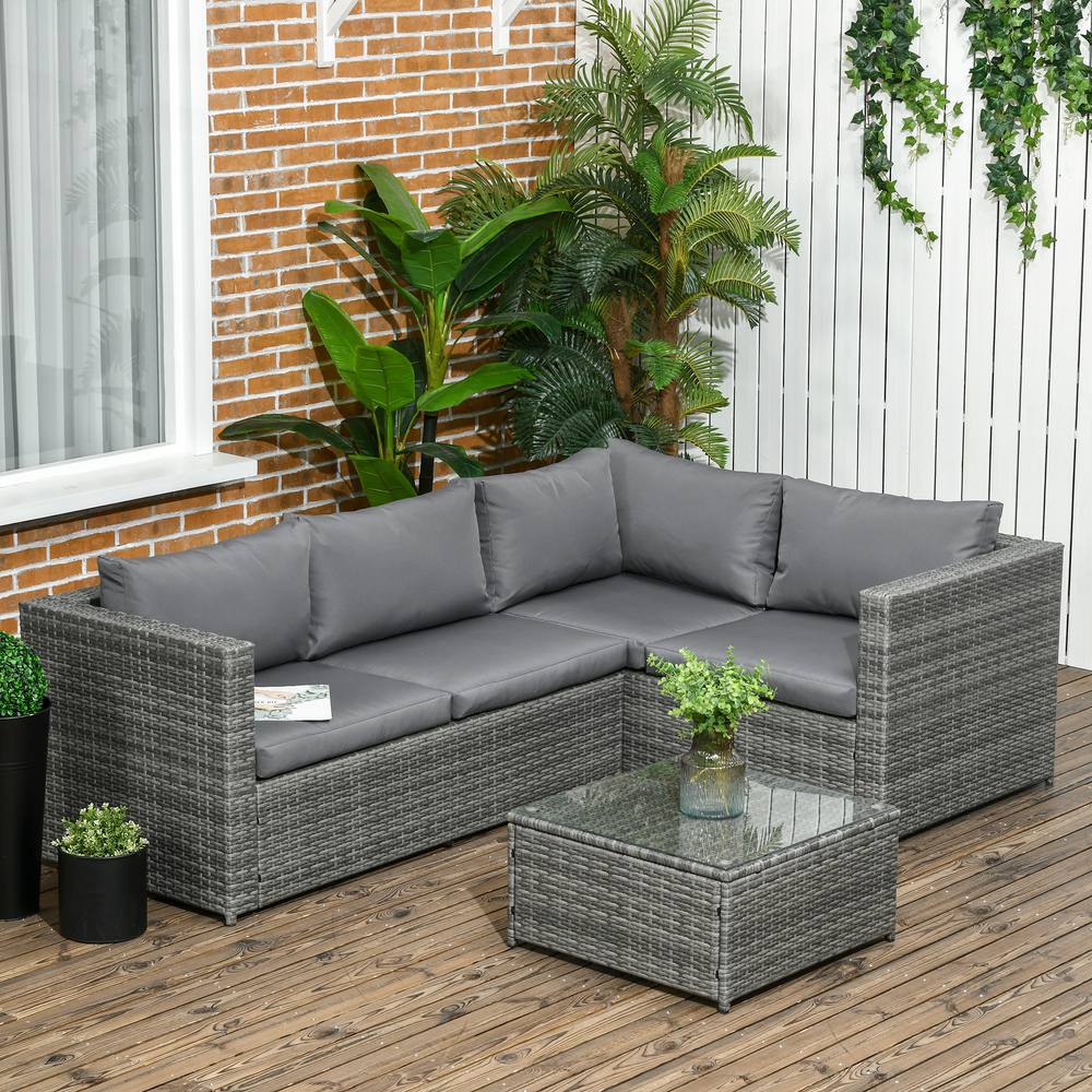 Outsunny Pcs Rattan Corner Sofa Set Coffee Table Garden Furniture W Cushion In Grey